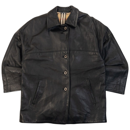 Vintage 90s Burberry Nova Check Lined Leather Jacket Womens Size L