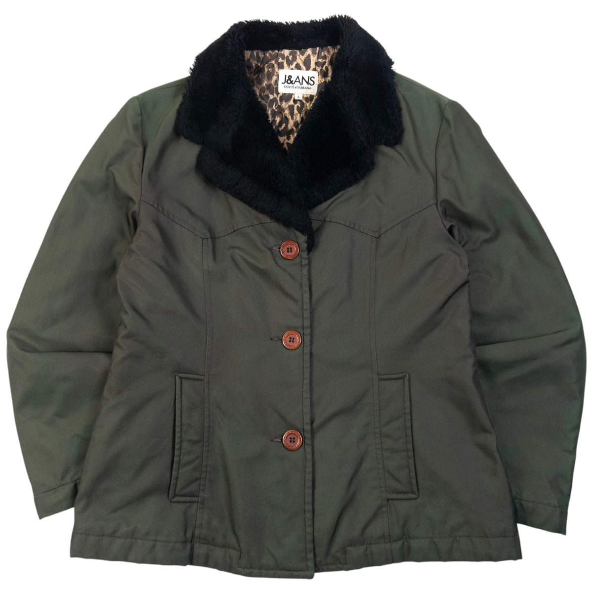Vintage 2000s Dolce & Gabbana Leopard Print Lined Jacket in green, black faux fur collar
