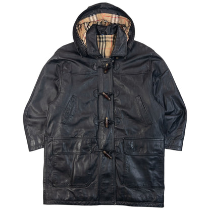Vintage 90s Burberry Nova Check Lined Leather Duffle Jacket Size L