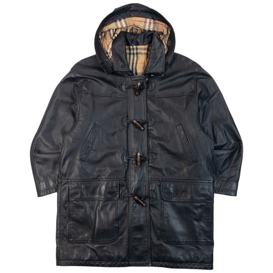Vintage 90s Burberry Nova Check Lined Leather Duffle Jacket Size L