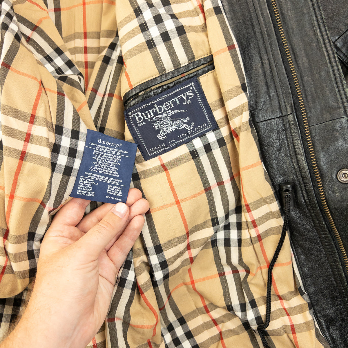 Vintage 90s Burberry Nova Check Lined Leather Jacket Size XL