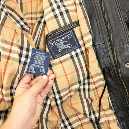 Vintage 90s Burberry Nova Check Lined Leather Jacket Size XL