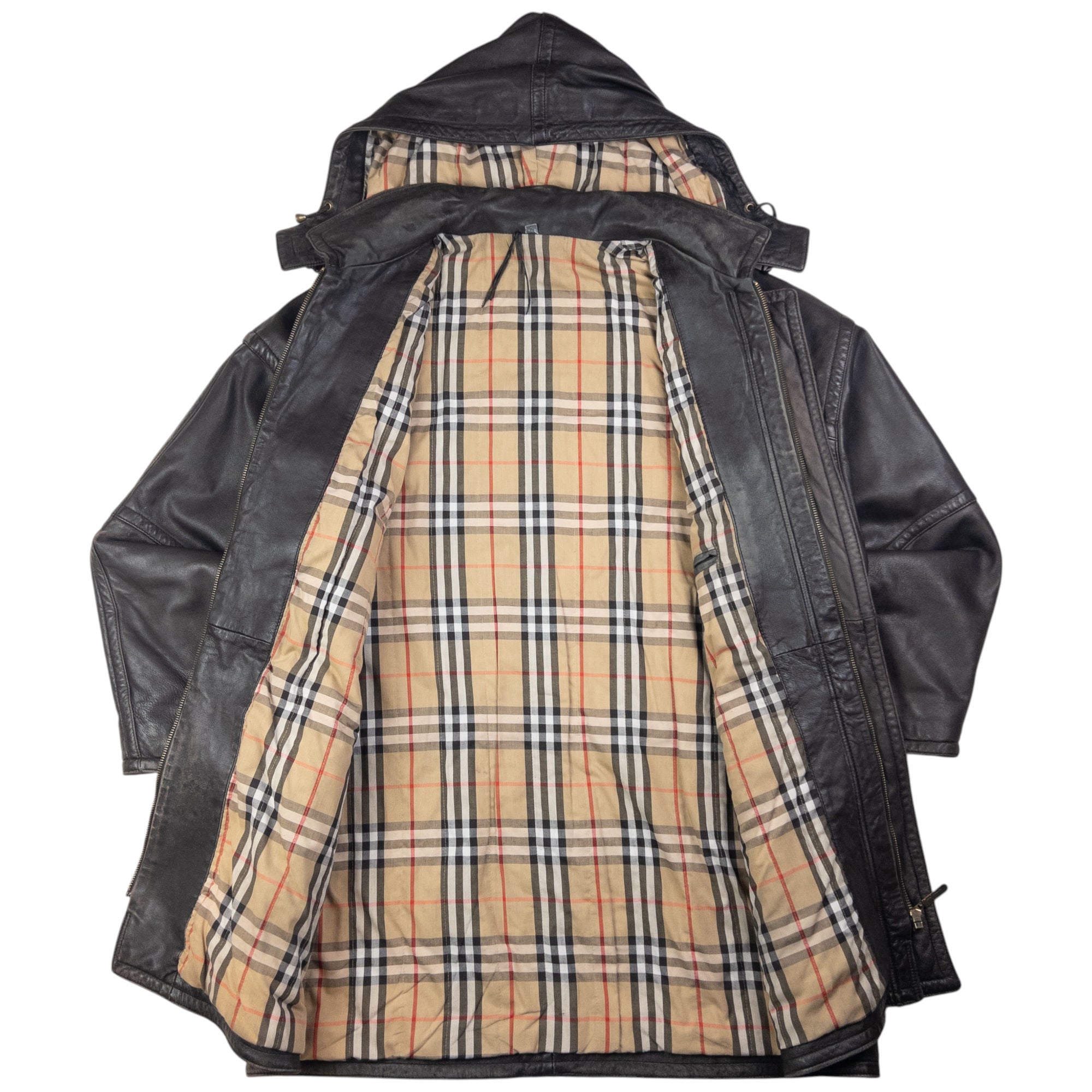 Vintage Burberry Nova Check Lined Leather Duffle Jacket Size XL