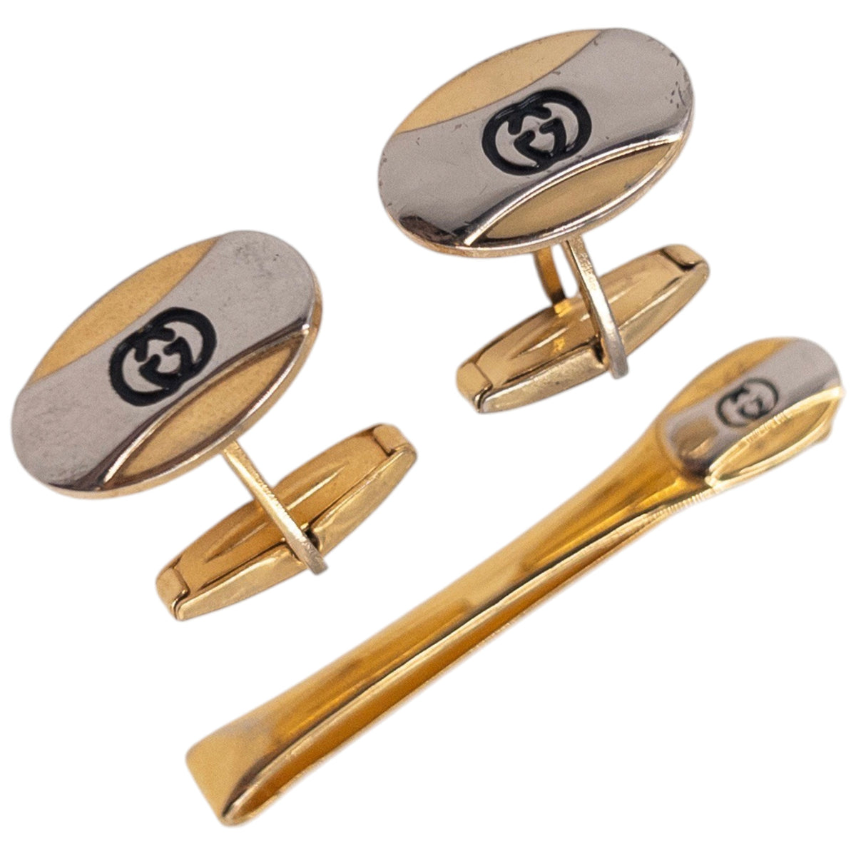 Vintage 90s Gucci Embossed Cufflinks & Tie Clip Set