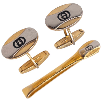 Vintage 90s Gucci Embossed Cufflinks & Tie Clip Set