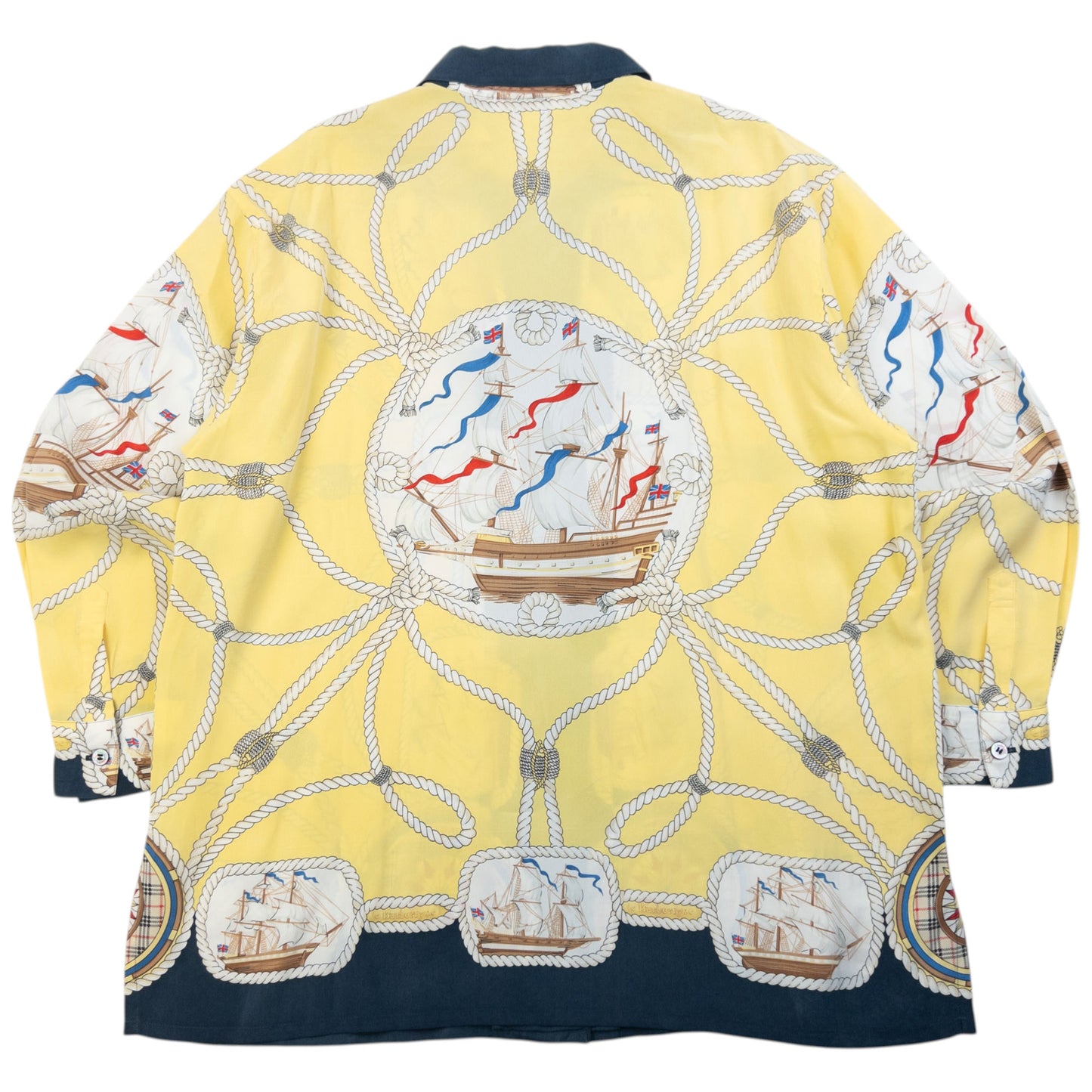 Vintage 80s Burberry Nautical Rope Ship Long Sleeve Button Up Silk Shirt Size L