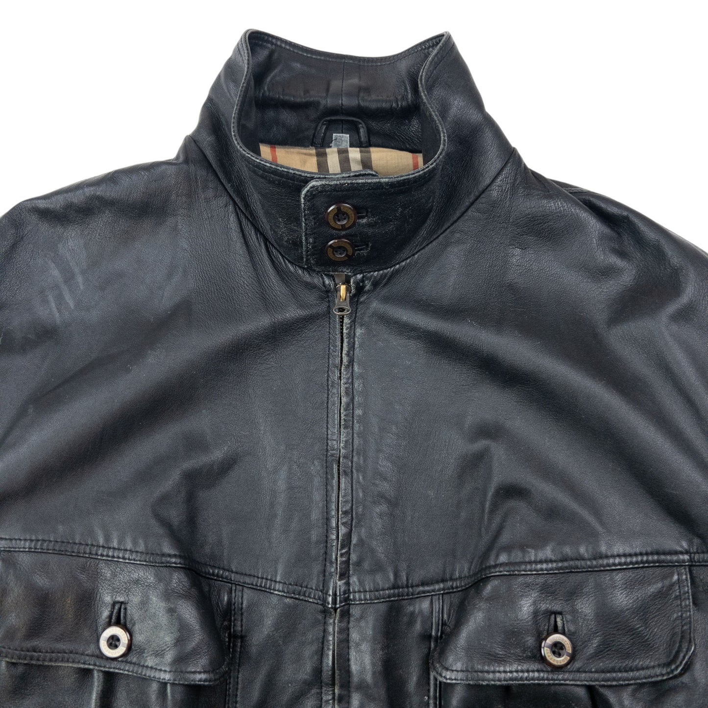 Vintage 2000s Burberry Nova Check Lined Leather Jacket Size L