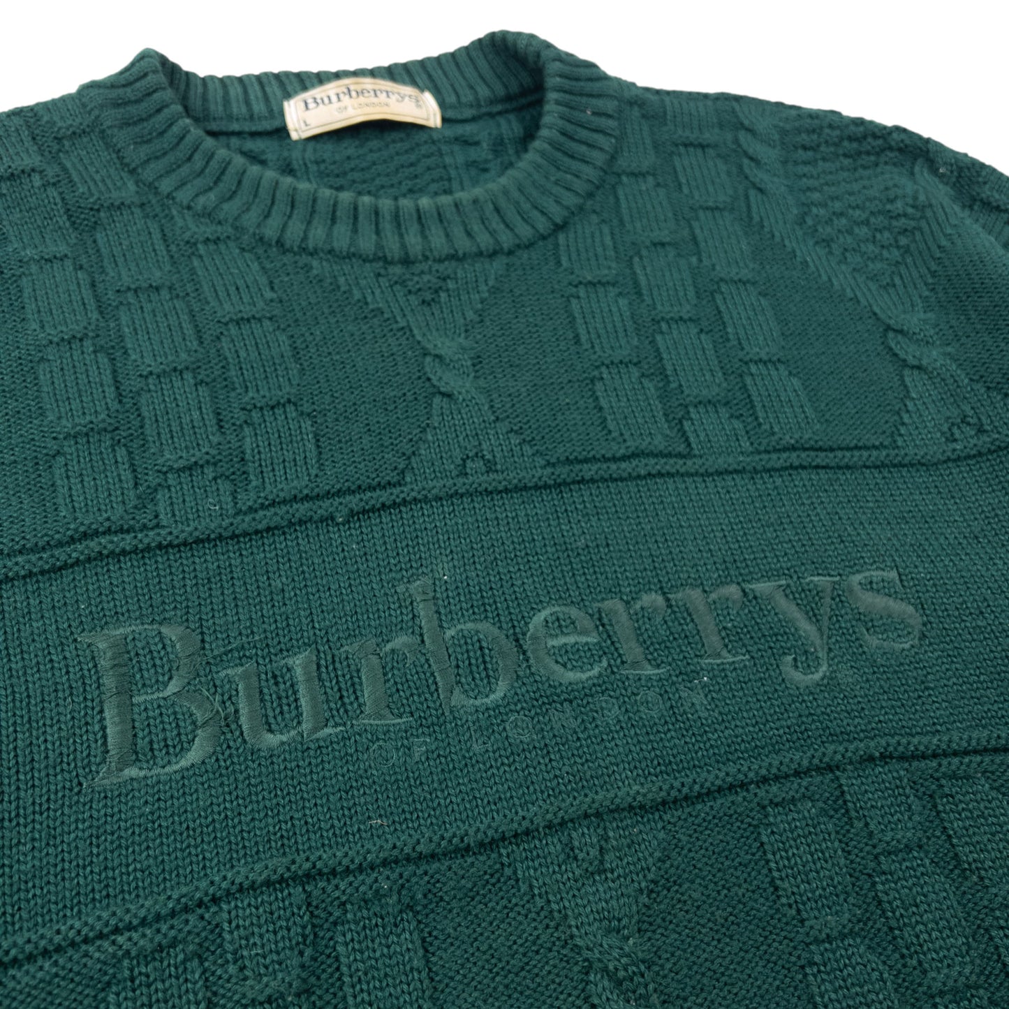 Vintage 90s Burberry Embroidered Cable Knit Jumper Size L
