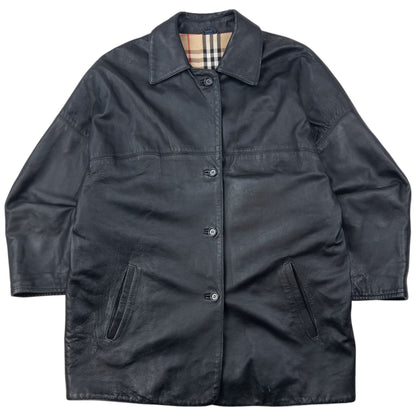 Vintage 90s Burberry Nova Check Lined Leather Jacket Size M