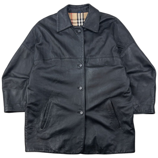Vintage 90s Burberry Nova Check Lined Leather Jacket Size M