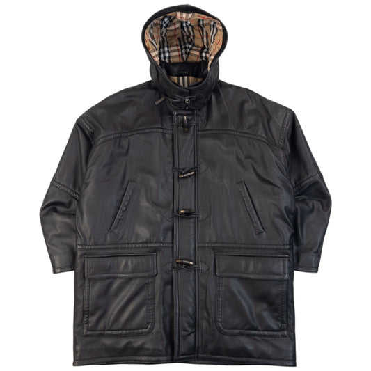 Vintage 90s Burberry Nova Check Lined Leather Duffle Jacket Size XL