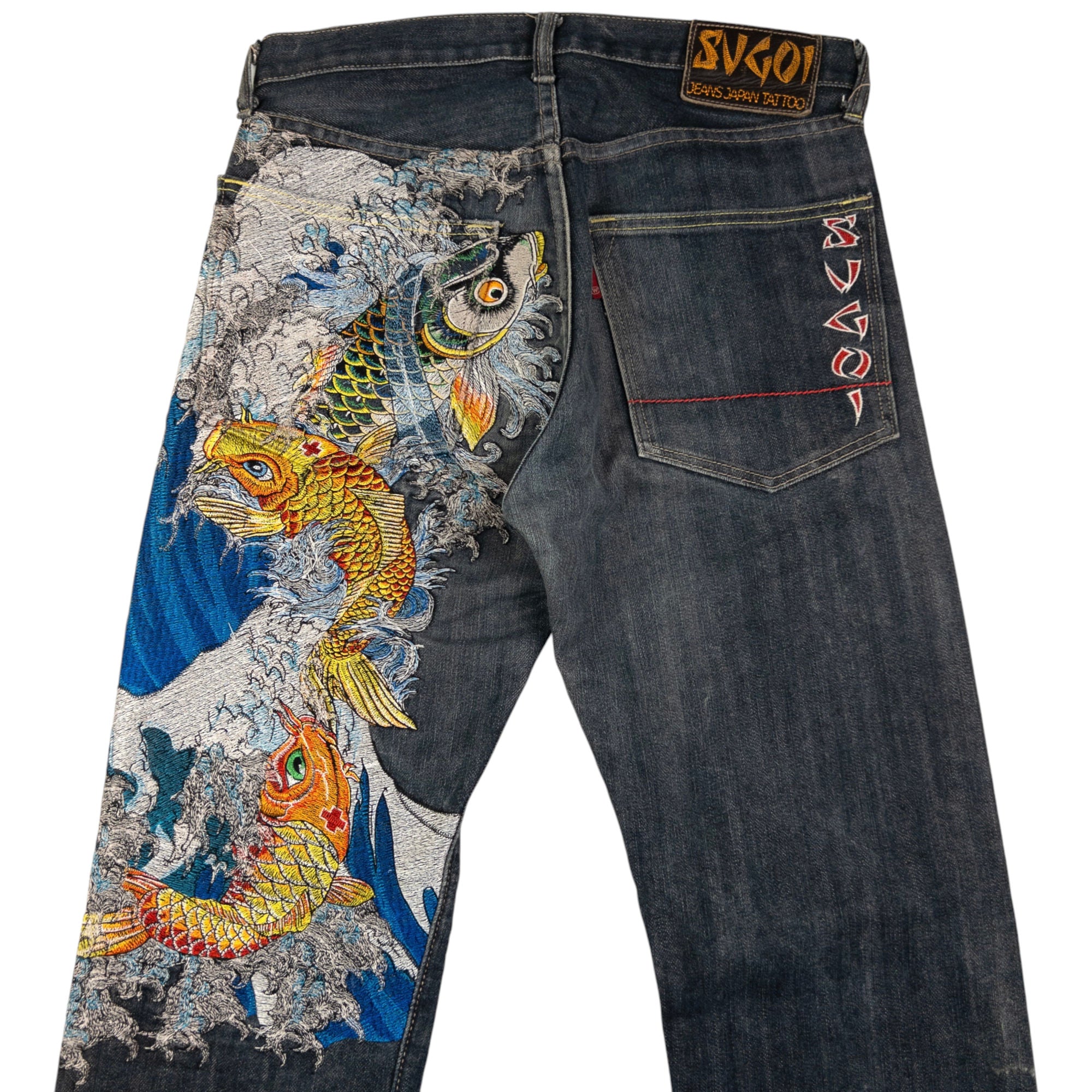 Vintage Sugoi Koi Fish Embroidered Japanese Denim Jeans Size W30