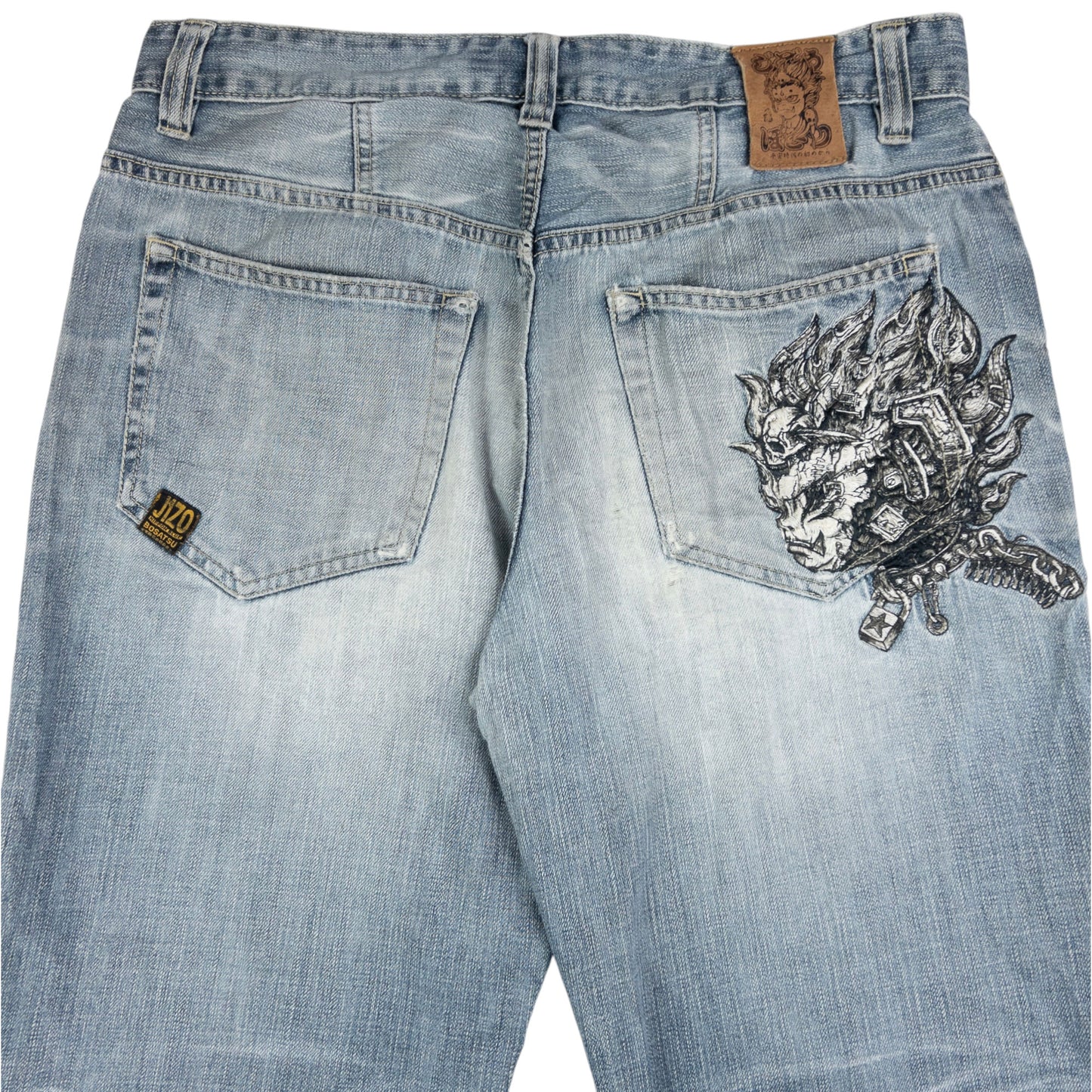 Vintage Jizo Bosatsu Embroidered Troll Japanese Denim Jeans Size W34