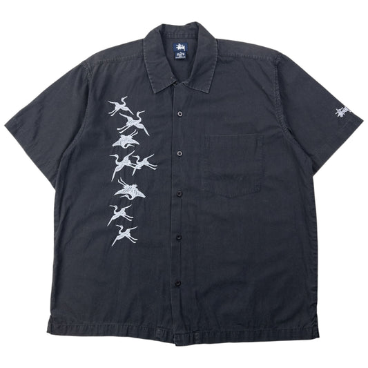 Vintage 2000s Stussy Embroidered Crane Short Sleeve Button Up Shirt Size L
