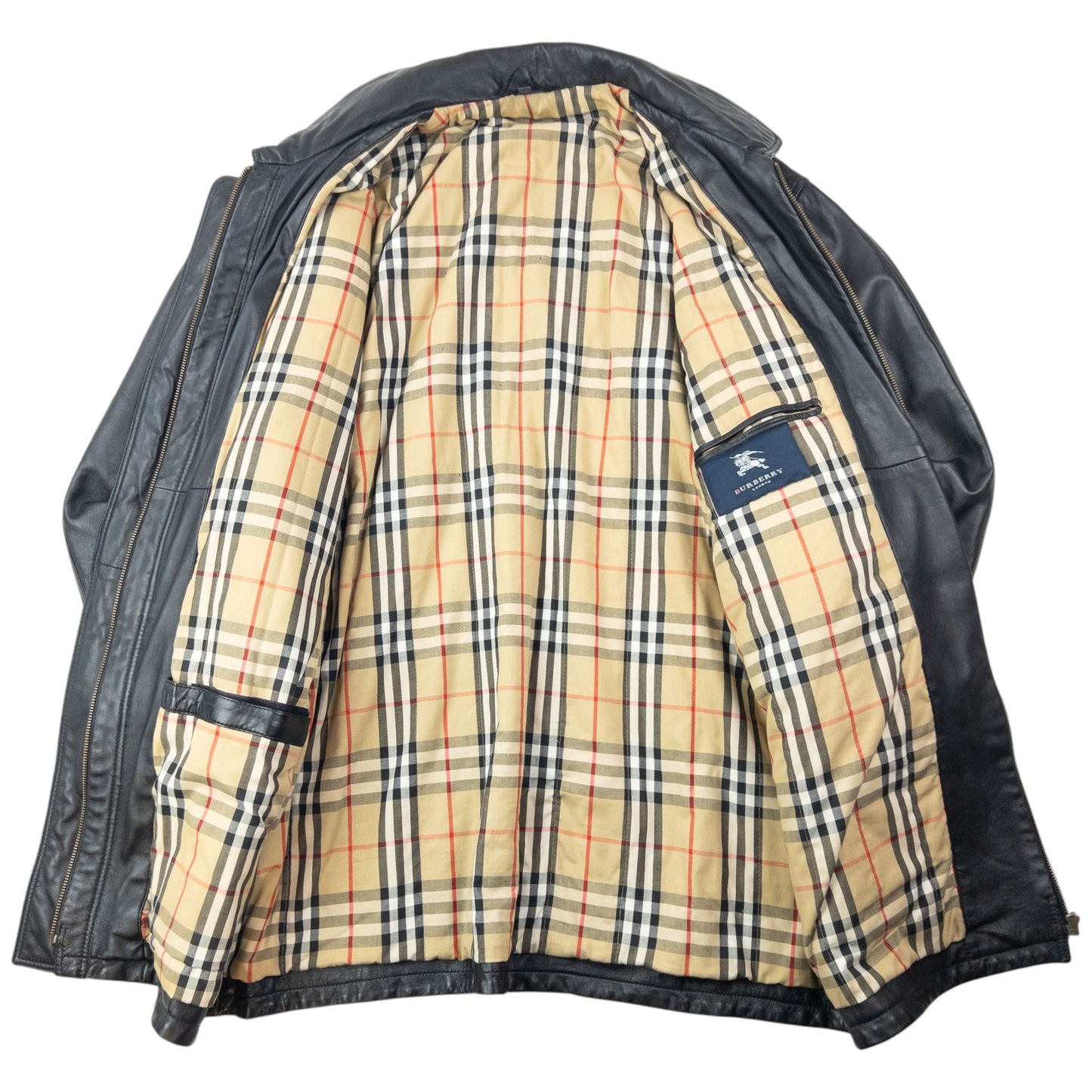 Vintage 2000s Burberry Nova Check Lined Leather Duffle Jacket Size XL