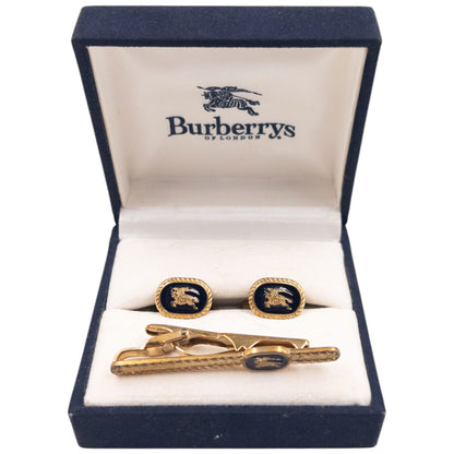 Vintage 90s Burberry Embossed Cufflinks & Tie Clip Set