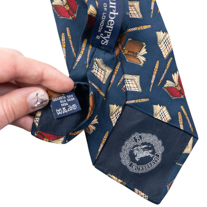 Vintage 90s Burberry Book & Pen Pattern Silk Tie
