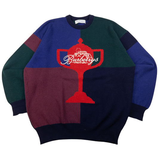 Vintage Burberry Embroidered Colour Block Wool Jumper Size L