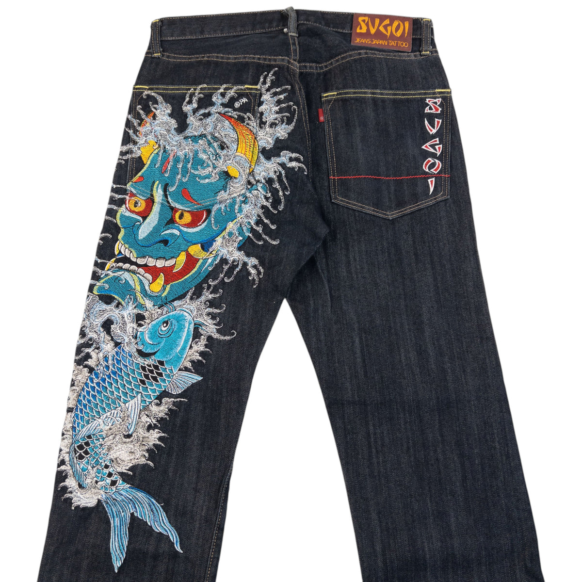 Vintage 2000s Sugoi Embroidered Mask & Koi Fish Japanese Denim Jeans Size W31