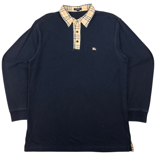 Vintage Burberry Nova Check Collar Long Sleeve Polo Shirt Size L