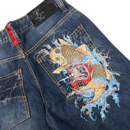 Vintage Big Train Embroidered Koi Fish Japanese Denim Jeans Size W29