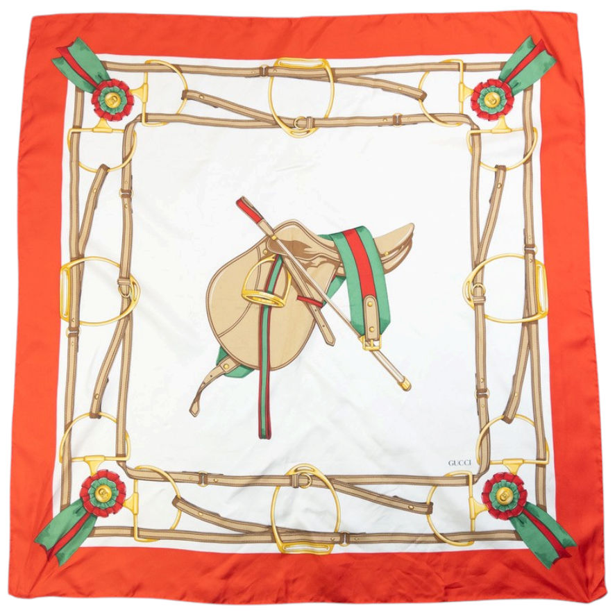Vintage 80s Gucci Equestrian Horse Harness Print Silk Scarf