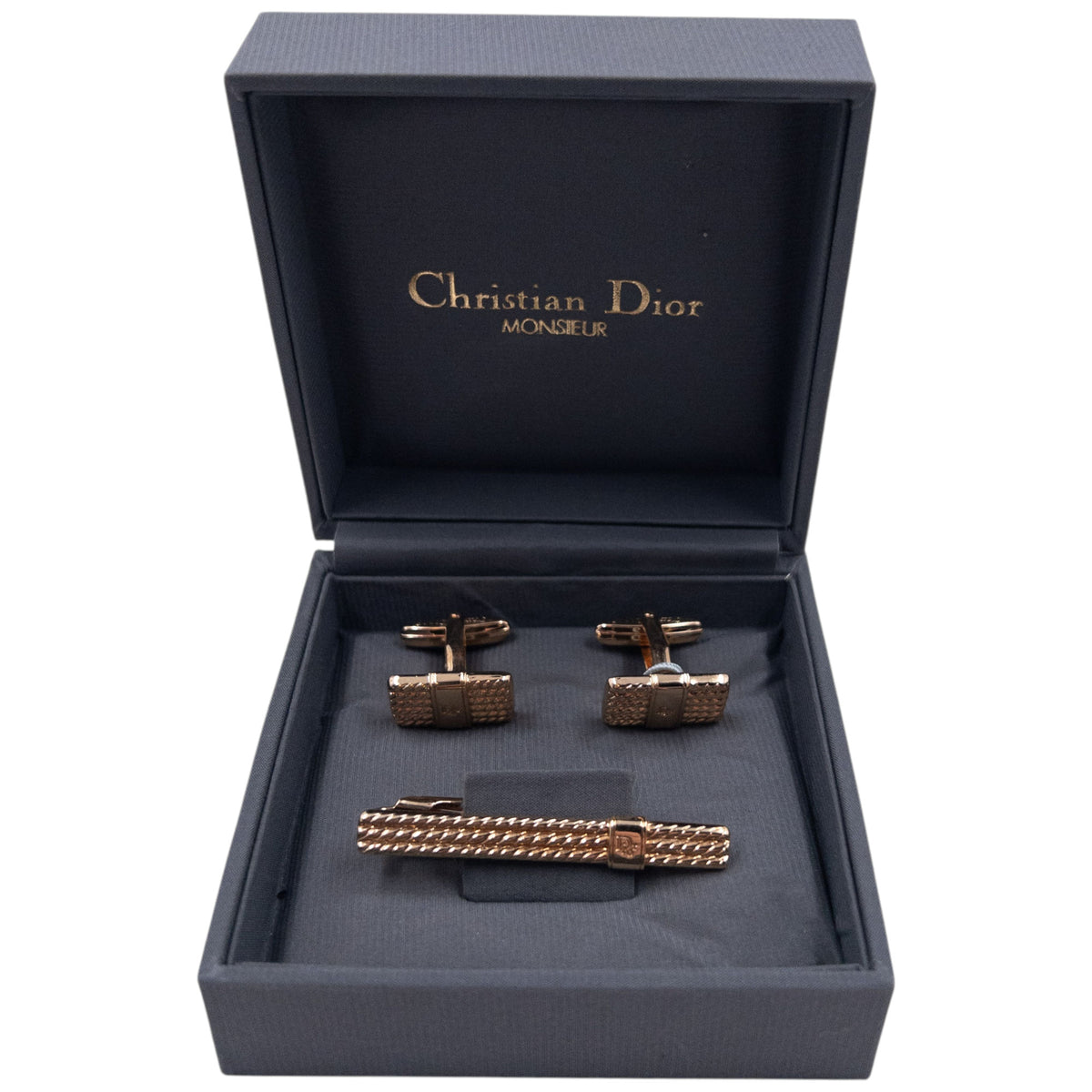 Vintage 90s Dior Embossed Tie Clip & Cufflinks