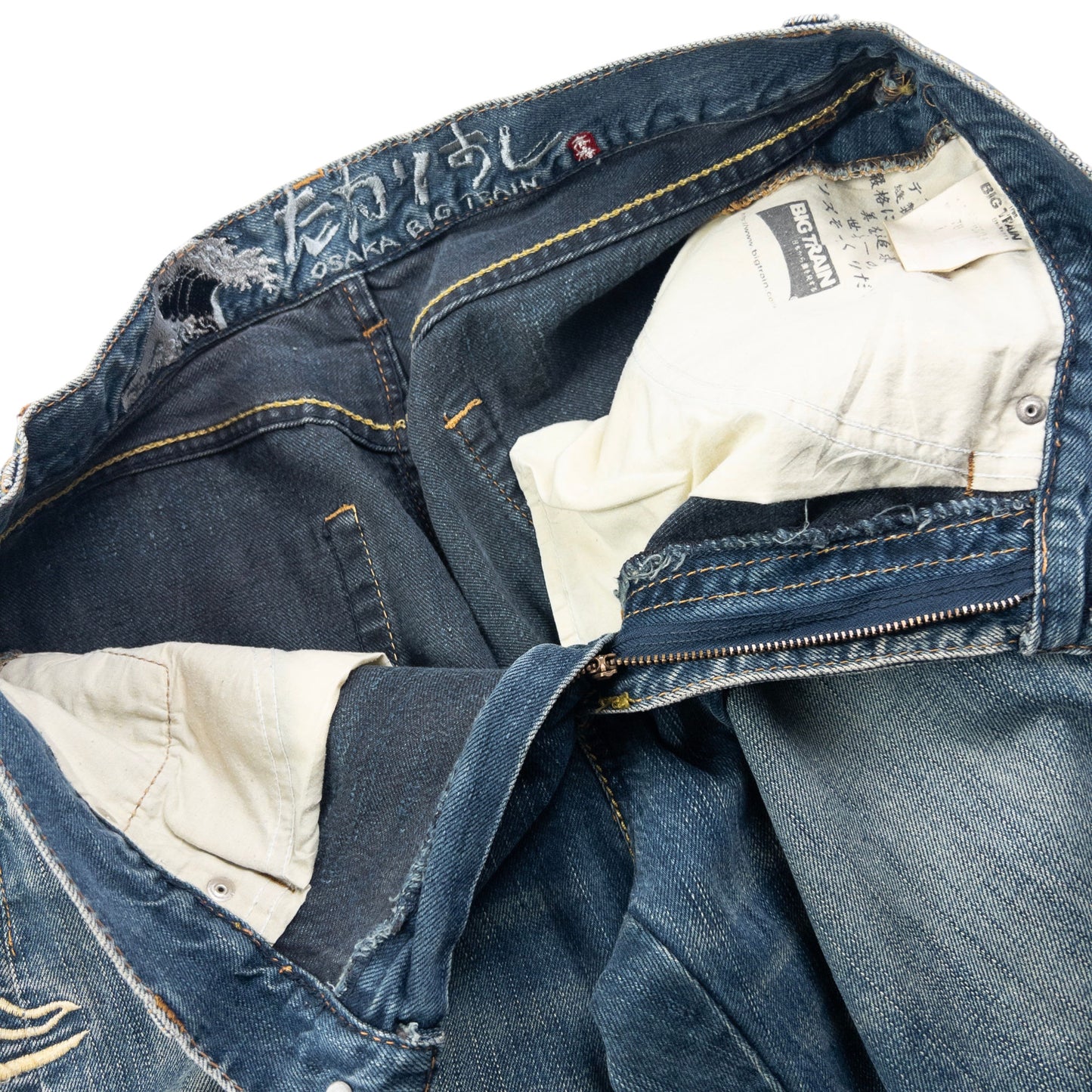 Vintage Big Train Embroidered Mountain Japanese Denim Jeans Size W32