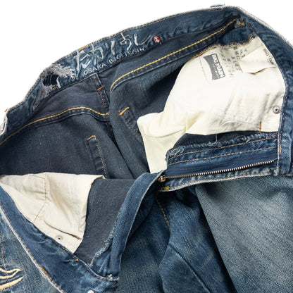 Vintage Big Train Embroidered Mountain Japanese Denim Jeans Size W32