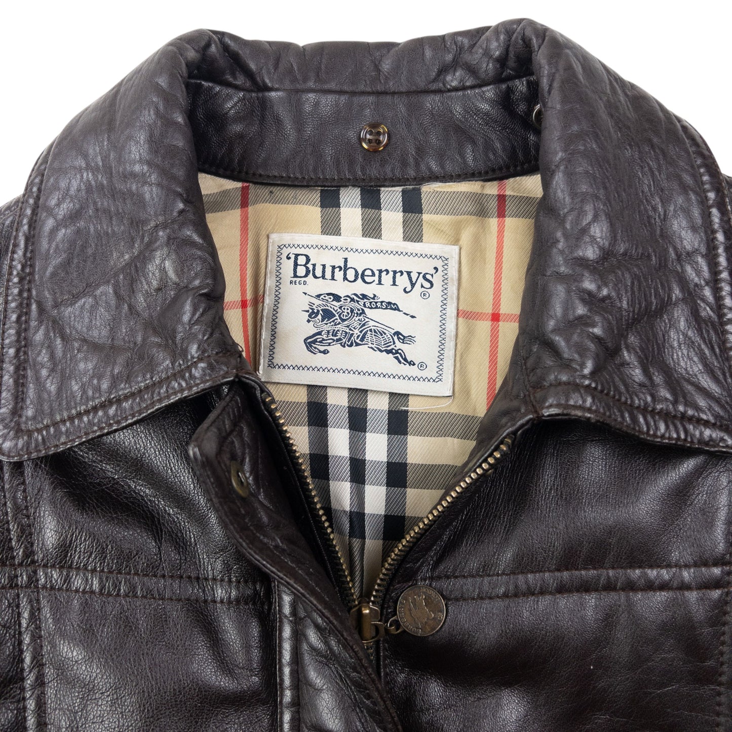 Vintage 80s Burberry Nova Check Lined Leather Jacket Womens Size XL