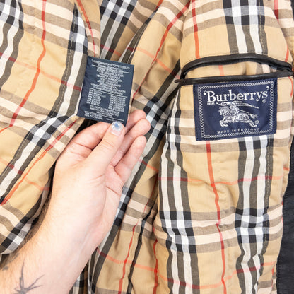 Vintage 90s Burberry Nova Check Lined Leather Duffle Jacket Size XL