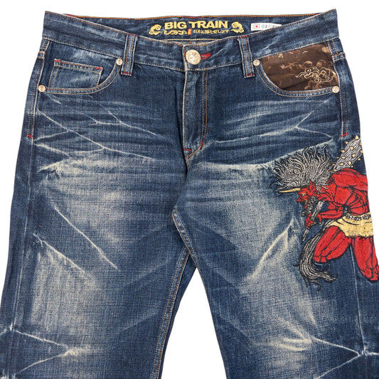Vintage Big Train Embroidered Patchwork Japanese Denim Jeans Size W35