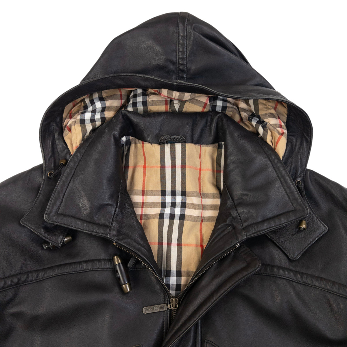 Vintage 90s Burberry Nova Check Lined Leather Duffle Jacket Size XL