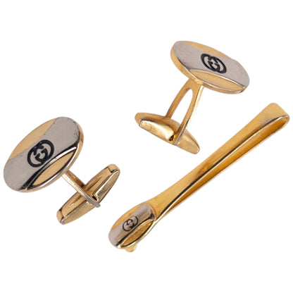 Vintage 90s Gucci Embossed Cufflinks & Tie Clip Set