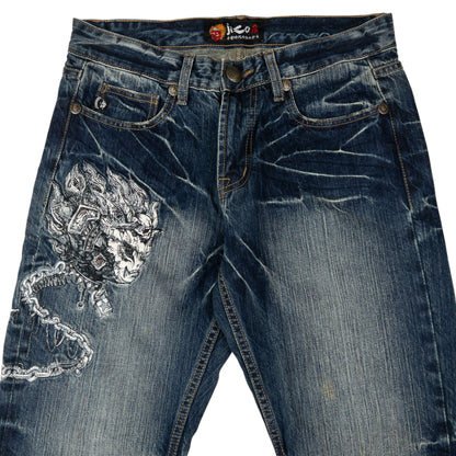 Vintage Jizo Bosatsu Embroidered Skull Japanese Denim Jeans Size W32