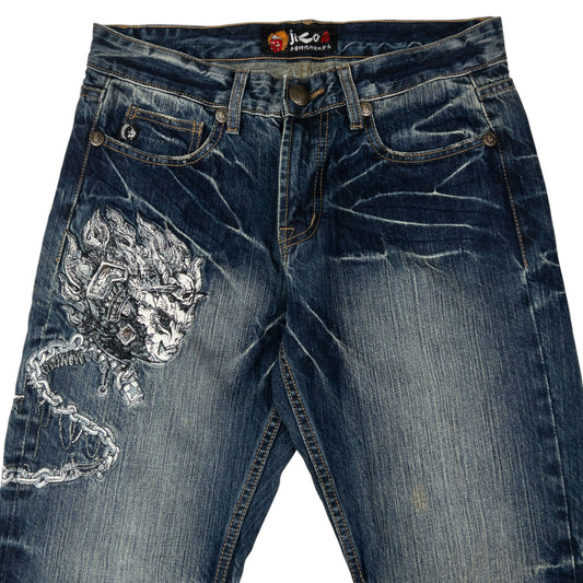 Vintage Jizo Bosatsu Embroidered Skull Japanese Denim Jeans Size W32