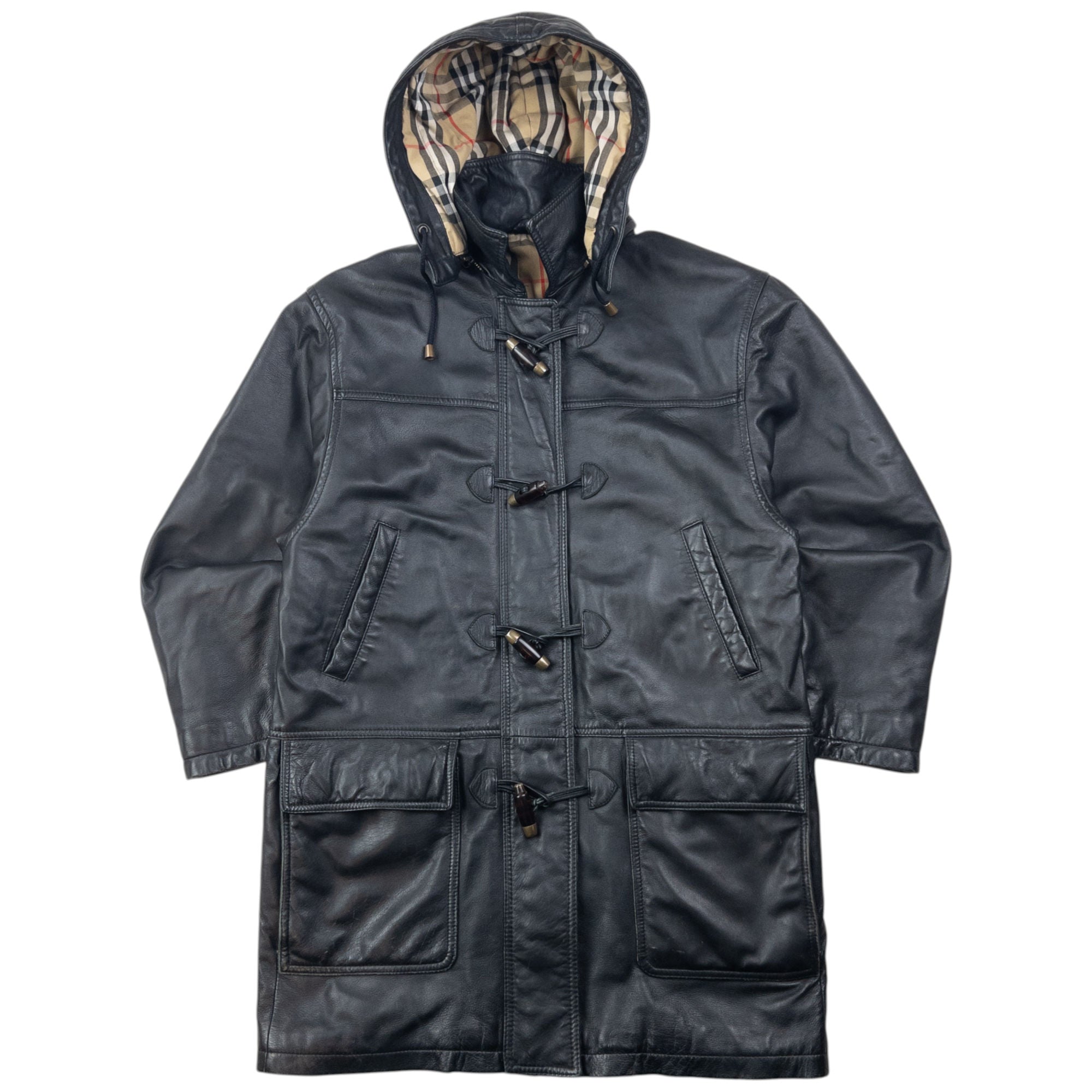 Vintage 2000s Burberry Nova Check Lined Leather Duffle Jacket Size M