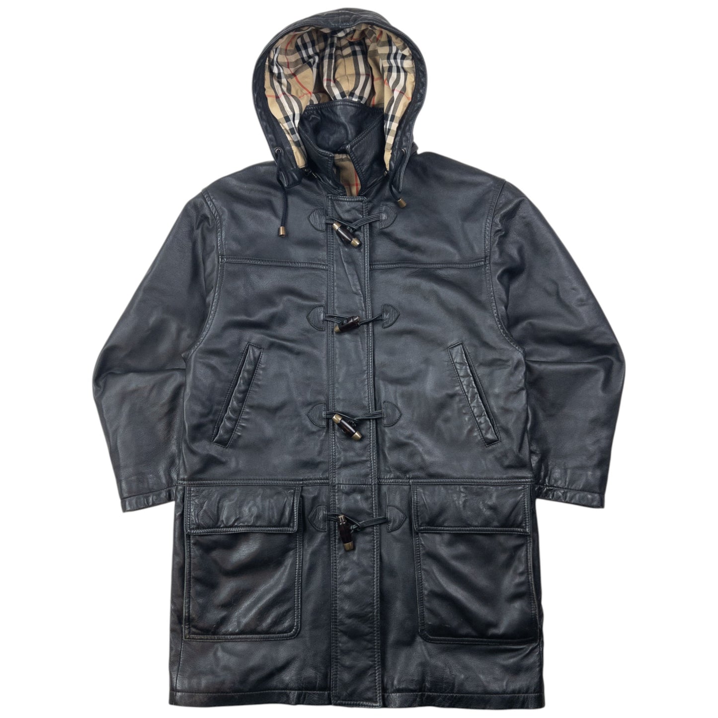 Vintage 2000s Burberry Nova Check Lined Leather Duffle Jacket Size M