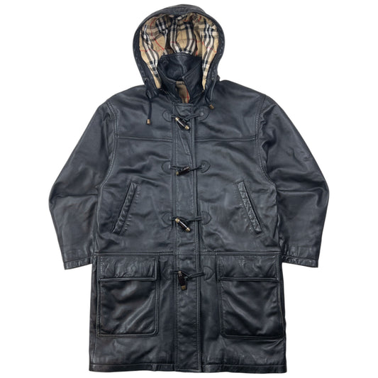 Vintage 2000s Burberry Nova Check Lined Leather Duffle Jacket Size M