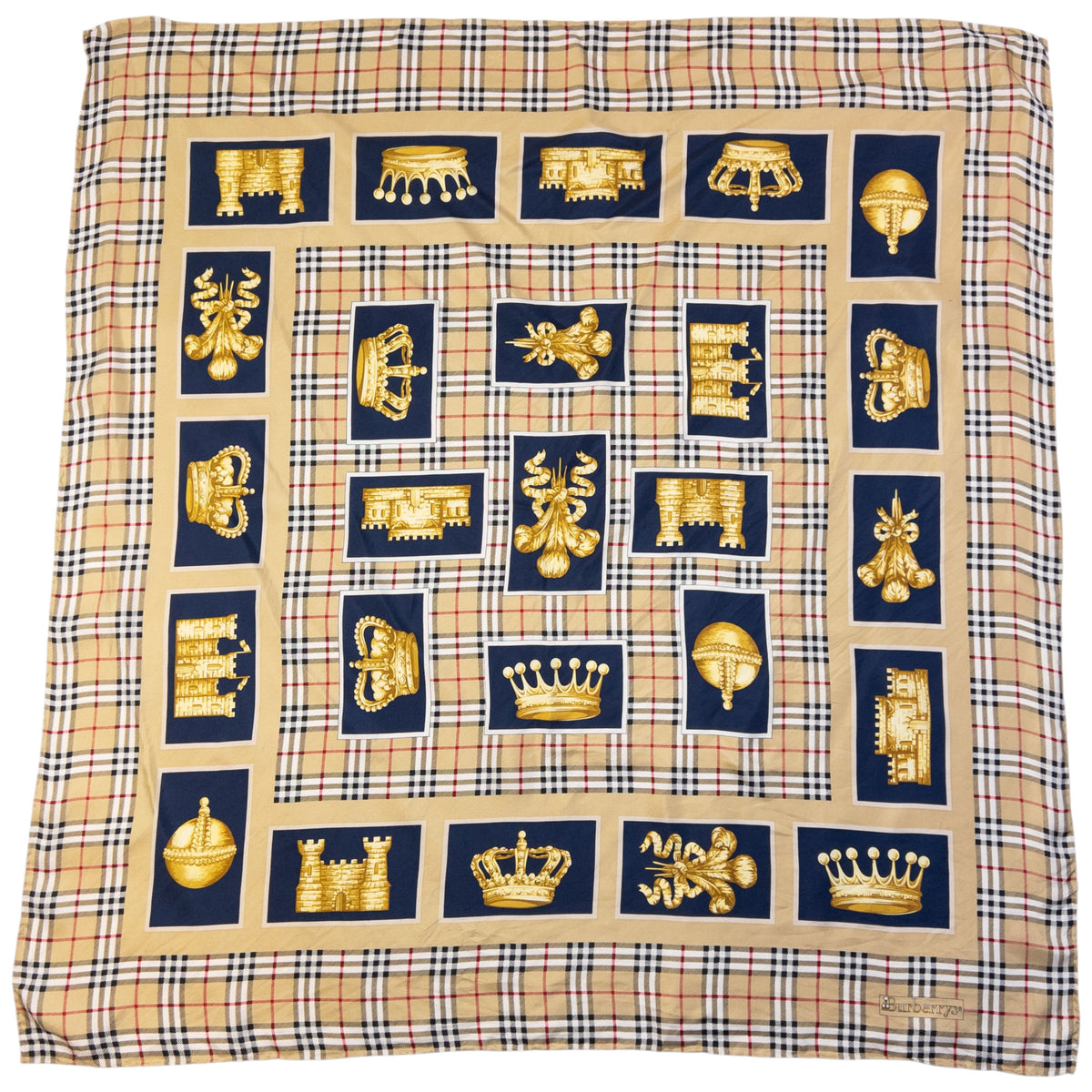 Vintage 80s Burberry Nova Check Royal Print Silk Scarf