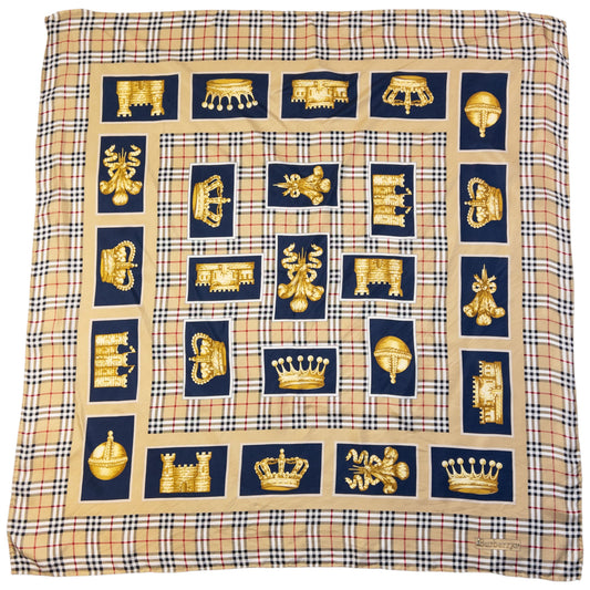 Vintage 80s Burberry Nova Check Royal Print Silk Scarf