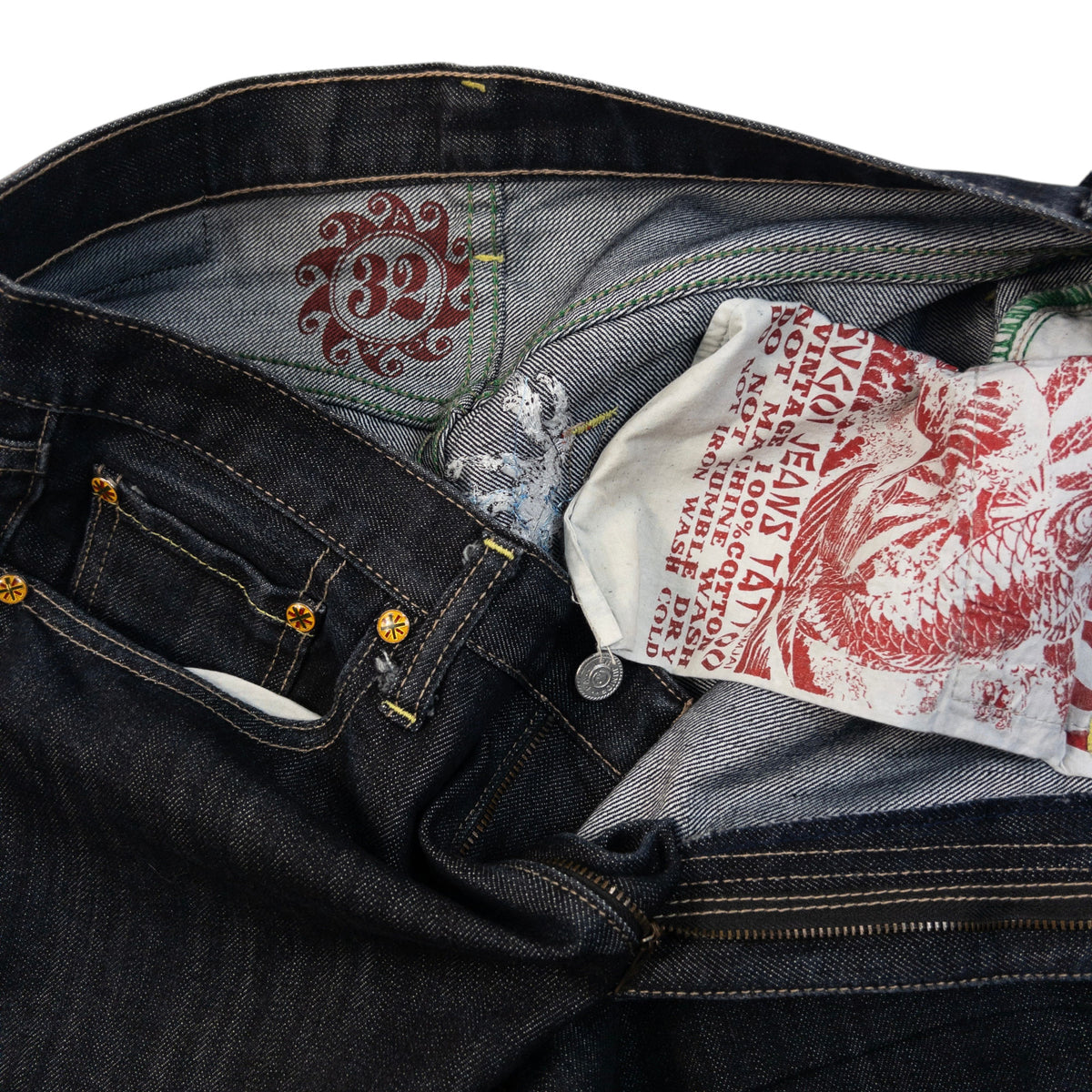 Vintage 2000s Sugoi Embroidered Mask & Koi Fish Japanese Denim Jeans Size W31