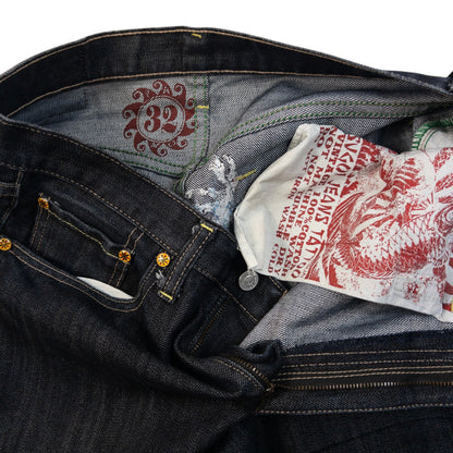 Vintage 2000s Sugoi Embroidered Mask & Koi Fish Japanese Denim Jeans Size W31