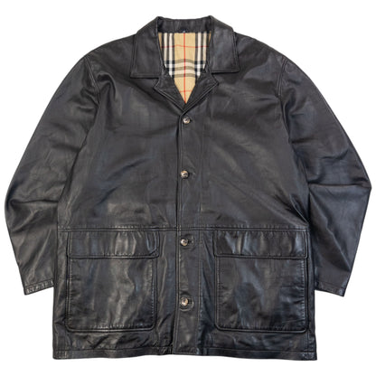Vintage 2000s Burberry Nova Check Lined Leather Jacket Size XL