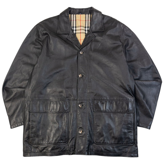 Vintage 2000s Burberry Nova Check Lined Leather Jacket Size XL