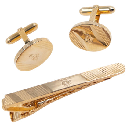 Vintage 80s Dior Embossed Cufflinks & Tie Clip Set