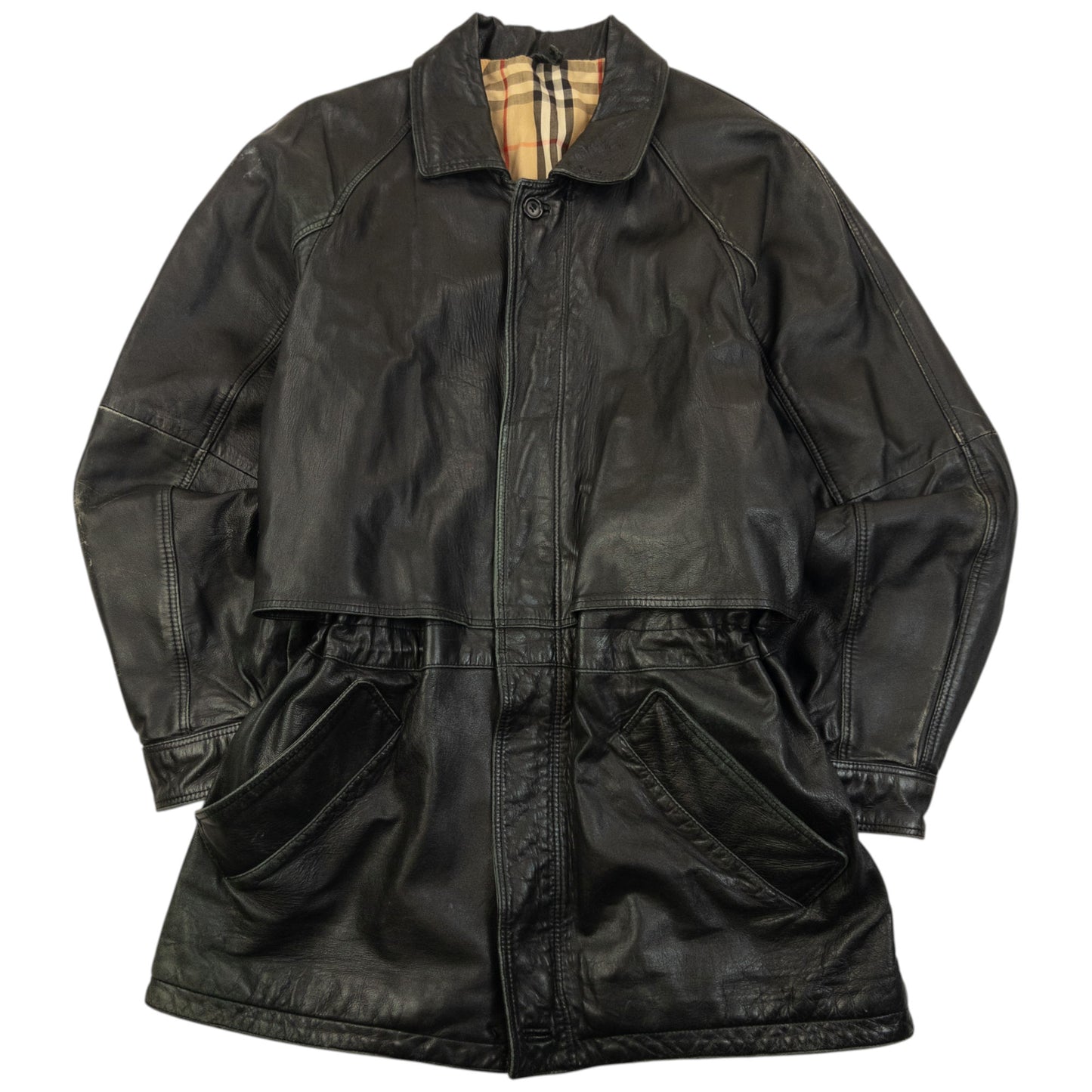 Vintage 90s Burberry Nova Check Lined Leather Jacket Size M