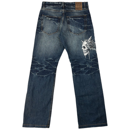 Vintage Jizo Bosatsu Embroidered Skull Japanese Denim Jeans Size W32