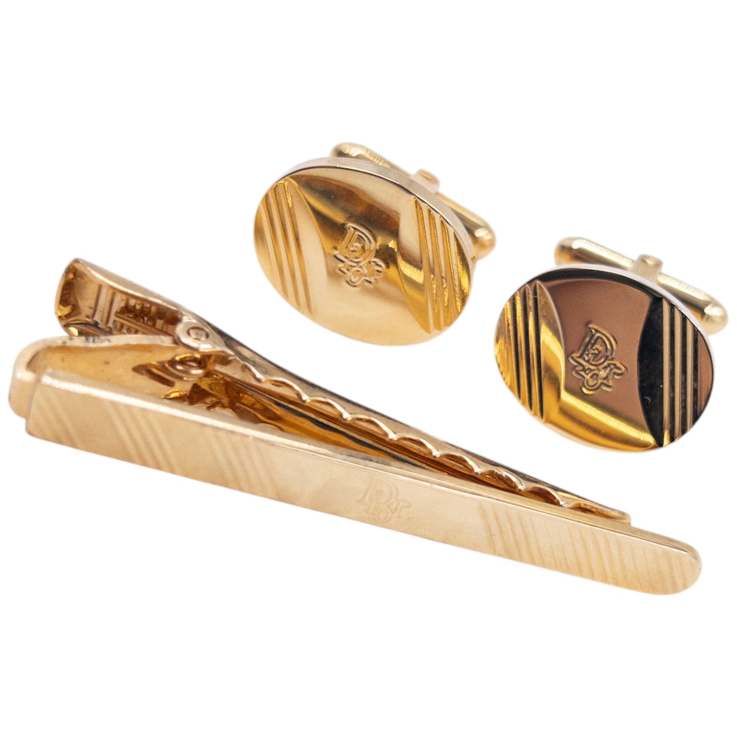 Vintage 80s Dior Embossed Cufflinks & Tie Clip Set