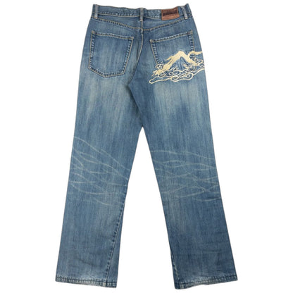 Vintage Big Train Embroidered Mountain Japanese Denim Jeans Size W32